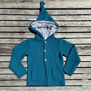 4-5 JoJo Maman Bébé Teal Cotton Hooded Cardigan with Ditzy Flower Print Lining